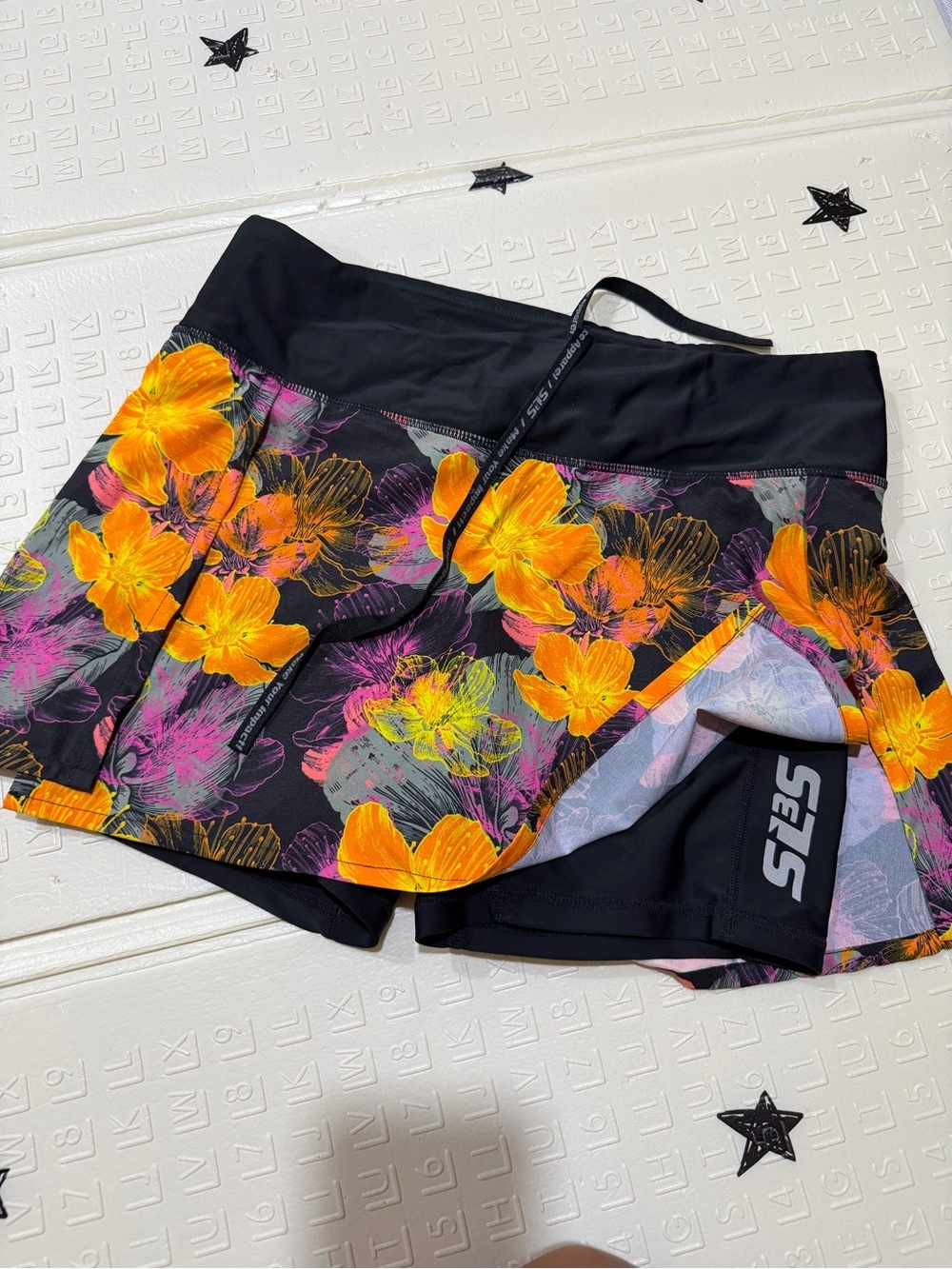 SEAS Floral Active Skort in Black with Bright Orange Flowers